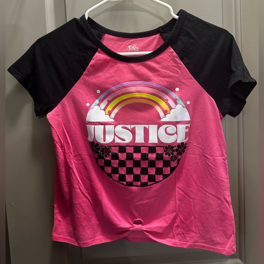 Justice Size L (12/14) Tie-front Sparkly Graphic Tee EUC